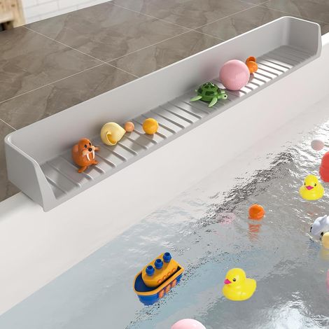 Protection anti-éclaboussures pour baignoire d'enfants, 80 cm, en silicone avec 11 ventouses puissantes, pour garder l'eau dans la baignoire et le rangement des jouets de bain, pliée, moment de (1/5)