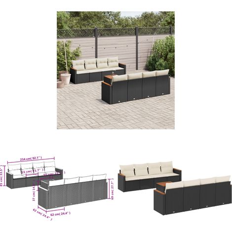 9-tlg. Garten-Sofagarnitur mit Kissen Schwarz Poly Rattan - Gartenmöbel Set - Gartensorte - Outdoor Möbel - Lounge Sofa - Esstisch - Home & Living (1/3)