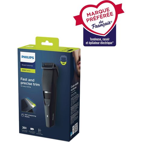 Philips – Tondeuse barbe série 3000 – 20 hauteurs de coupe – Tête lavable – 60mn d'autonomie – 1h de charge