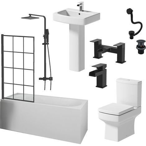 1600mm Bathroom Suite Bath Shower Screen Basin Pedestal Toilet WC Taps Waste (1/5)