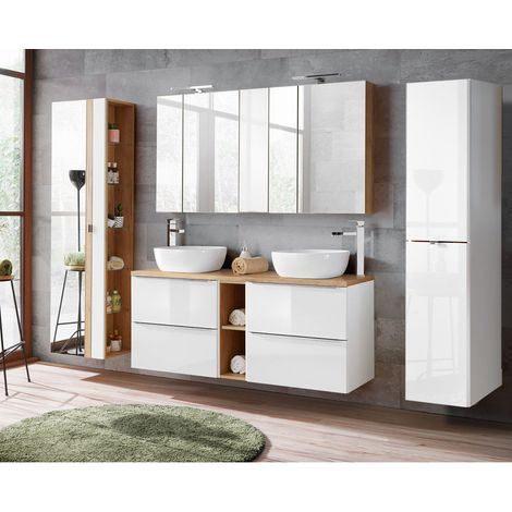 Badmöbel Set mit Doppel-Waschtisch inkl. 2 Keramik-Becken TOSKANA-56 Hochglanz weiß/Wotaneiche B/HT ca. 260/200/46 cm (1/5)