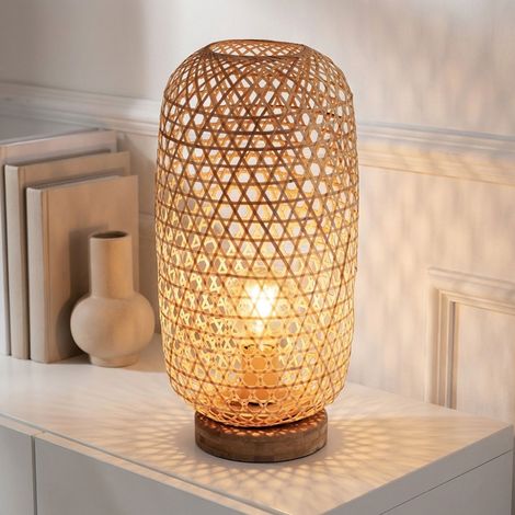 LED Tischleuchte Tischlampe Wohnzimmerlampe Schalter Bambus naturfarben H 46 cm (1/5)
