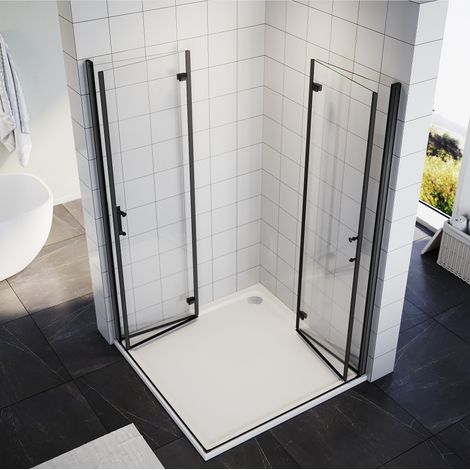 Duschkabine Eckeinstieg Falttür 120x120x195cm Duschabtrennung Eckeinstieg Eckig Dusche 180º Faltbar 6mm NANO Glas Schwarzer Aluminiumrahmen (1/5)