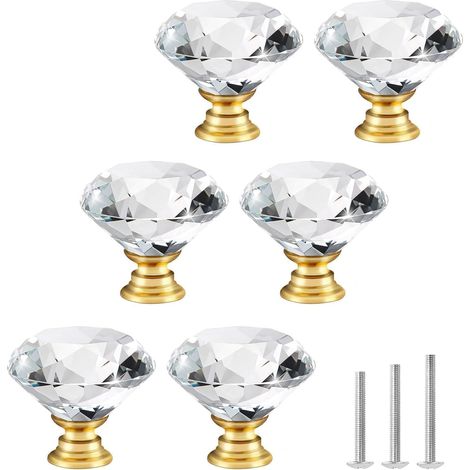 Lot De 6 Bouton de Meuble Cristal Poignées de Meubles de Placard en Cristal de 30 mm Forme de Diamant avec Base d'or Boutons d'armoire en Verre Transparent (1/5)