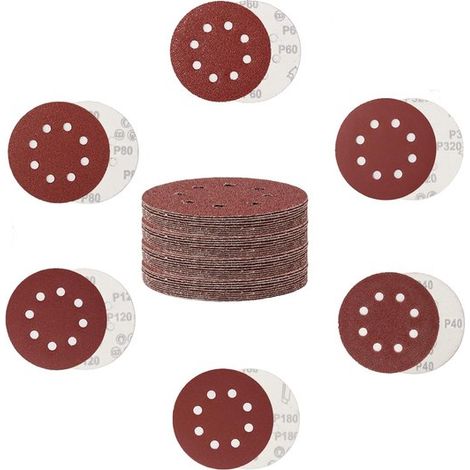 Paquete de 30 almohadillas lijado 5 pulgadas 8 agujeros velcro, almohadillas lijado rojas, tamaños grano 40/60/80/120/180/320, adecuadas madera (1/4)