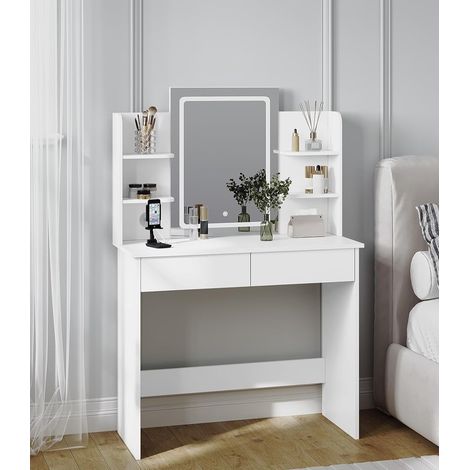WOLTU Coiffeuse avec Miroir LED à Luminosité Réglable, 2 USB Ports, Table de Maquillage en Bois, Blanc (1/5)