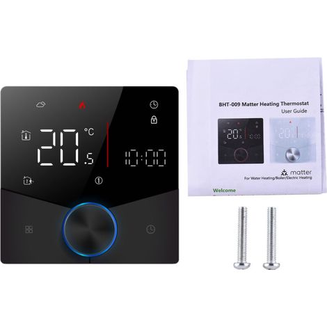 Wireless thermostat for domestic hot water systems, compatible with app and voice assistant, color LED digital touchscreen, adjustable buttons. (1/5)