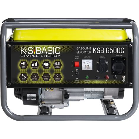 Groupe électrogène à essence 5,5 kW – Moteur 13 CV 4 temps – Démarrage manuel – Régulateur de tension AVR – Autonomie 9h – Prises 1x16A, 1x32A – K&S Basic