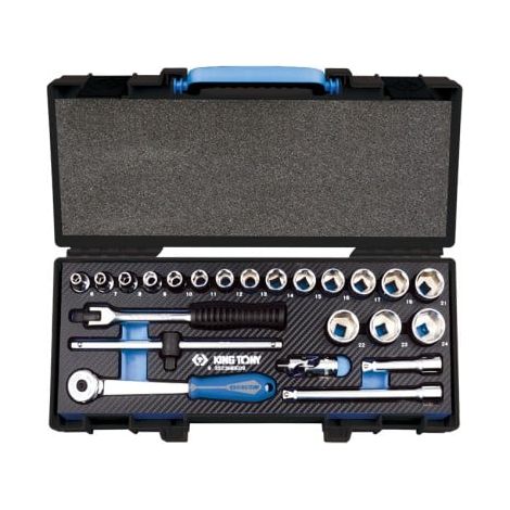 Coffret cliquet et douilles 3/8" 6 pans métriques – 23 pièces – Cliquet avec angle de reprise 5° – Rallonge multifonction 75/150mm – King Tony (1/2)
