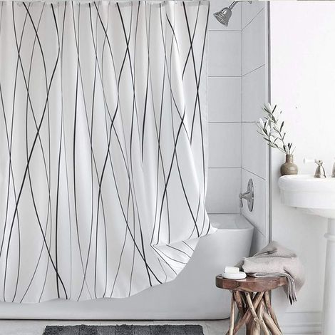Rideau de douche en polyester imperméable à rayures noires et blanches, lavable en machine, avec 12 crochets (70,8'' x 70,8'')