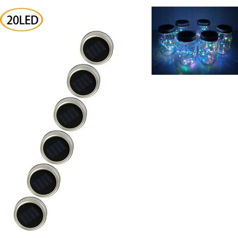 Lot de 6 guirlandes lumineuses solaires colorées pour bocaux Mason, avec 20 LED chacune, pour décorer votre terrasse, jardin, fêtes et Noël - Quatre couleurs (1/5)