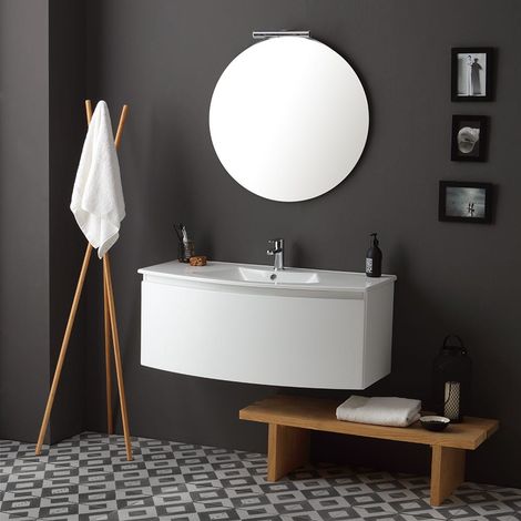 Mobiliario De Baño Suspendido 102 Cm Blanco Brillante Con Espejo Redondo Riva (1/5)