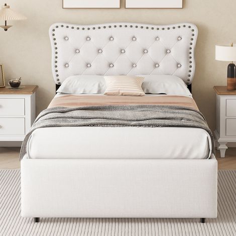 Lit capitonné moderne 90x200 cm en MDF et tissu beige clair, tête de lit réglable, clous décoratifs et 2 tiroirs (1/5)