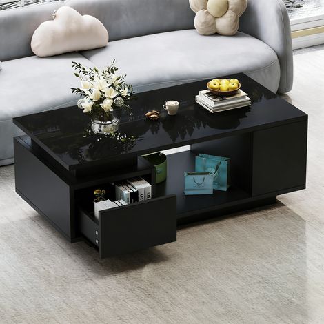 REDOM Mesa de centro 100x50x36 cm con cajón, huecos abiertos y 4 compartimentos laterales, con LED tablero de partículas negro (1/5)
