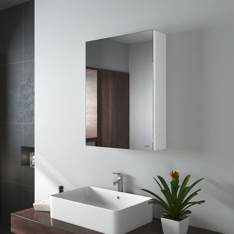 EMKE Armoire Miroir de Salle de Bain, Armoire à miroir 50x65x14,5cm, Armoire de Salle de Bain avec étagère en verre, Blanc