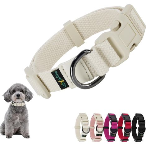 Collier Chiot, Collier pour Chien en Coton Doux, Collier Chat Anti étranglement Réglable, Collier Accessoires avec Médaille Amovible pour Chiot Petit Animal Moyen Grande, 25-40/2,0cm (S), Beige (1/5)