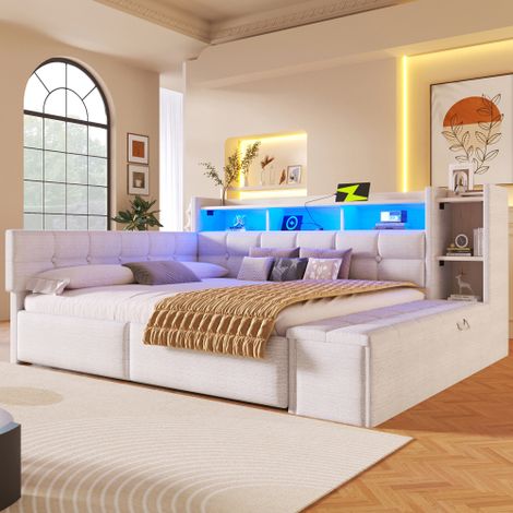 Modernluxe - Canapé-lit 140x190 cm avec 2 tiroirs - USB + Type-C - compartiments de rangement - avec LED - Blanc (sans matelas) (1/5)