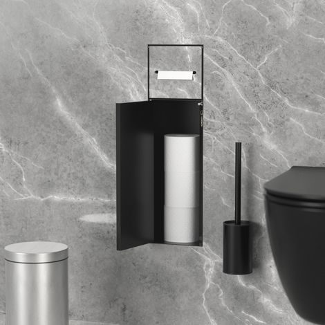 LuxeBath Modulo armadio da incasso bagno in acciaio inox nero opaco con vano chiuso porta carta igienica piastrellabile, mensola portaoggetti a parete, set portarotolo, mobile per hotel