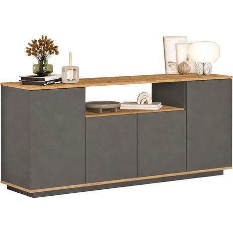Buffet Bas 4 Portes 6 Niches Chêne et Gris L 180 H 75 P 44.5 cm (1/5)