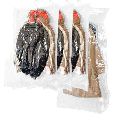Bolsas colgantes de almacenamiento al vacío, 4 bolsas de vacío para ropa, trajes, vestidos, abrigos o chaquetas, organizador de armario transparente (1/5)