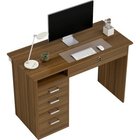 Bureau Informatique avec 5 Tiroirs, 110 x 50 cm, Bureau avec Rangement, Étagère Ouverte, Tiroir Verrouillable, Noyer (1/5)
