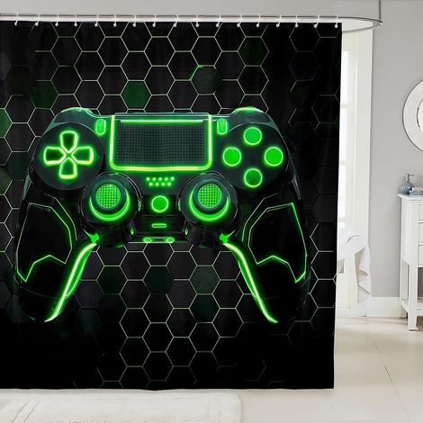 Jeux Rideau de Douche Jeux pour Garçon Rideau Douche Fille Console de Jeux Décor Rideau Salle de Bain 3D Vert Poignée de Jeu Jeu Rideaux Imperméables Géométrie Nid D'Abeille Impression Rideaux,180x200 (1/5)