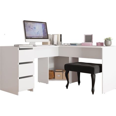 Mirjan24 – Bureau d'angle avec 3 tiroirs – Dimensions 74x142x142 cm – Stratifié blanc pour bureau à domicile – Design moderne et fonctionnel