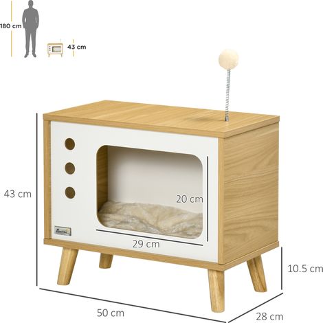 Katzenhaus aus Spanplatte in Form eines Fernsehers, mit Kissen und Spielball. 50 x 28 x 43 cm (1/5)