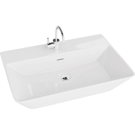 LAVITA Aufsatzwaschtisch Cabrera Grande Aufsatzwaschbecken Rechteckig Waschbecken mit Überlauf und Hahnloch Aus hochwertigem Porzellan Waschtisch 60x42,5x13,5 cm Weiß Glanz (1/5)