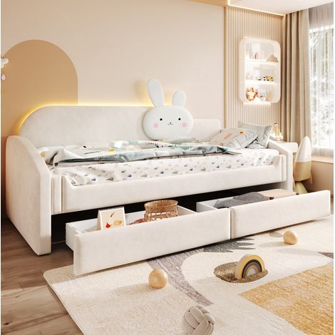 Sofá cama infantil 212x97x106.5 cm, con cajones, iluminación LED, respaldo decorativo, terciopelo beige (1/5)
