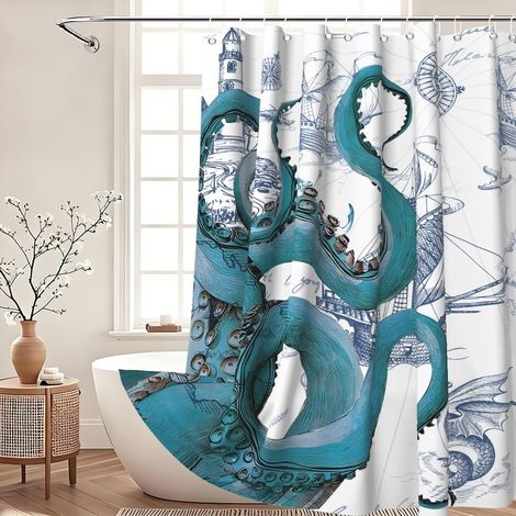 120x180cm Rideau de Douche Bleu Pieuvre Nautique Phare de Bateau Pirate Vintage Rideau de Salle de Bain en Polyester Vie Marine Voyage côtier Blanc Résistant à la moisissure Décoration (1/5)