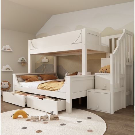 MODFU – Letto a castello 90x200 + 140x200 cm in legno/metallo bianco con scala, vani contenitore e 2 cassetti – EN 747 – Bianco (1/5)