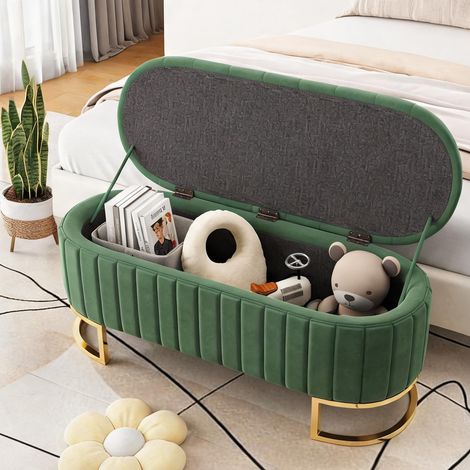 Banc de rangement vert 120 cm avec coussin et coffre coloris vert (1/5)