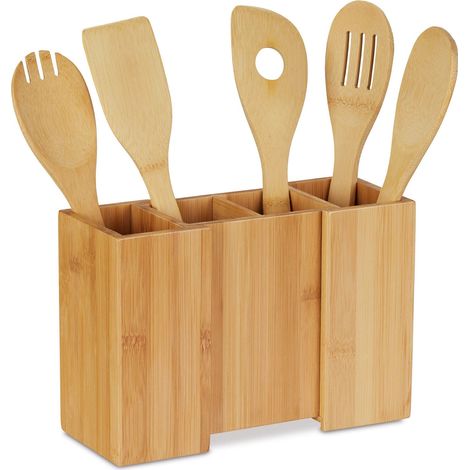 Support à ustensiles de Cuisine en Bambou, Lot de 5 cuillères, Rangement séparable, 17 x 25 x 10 cm, Naturel (1/5)