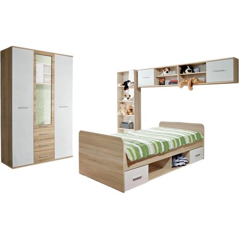 Camera completa per bambini e adolescenti, collezione DENVER. Armadio a 3 ante, letto, libreria e scaffale.