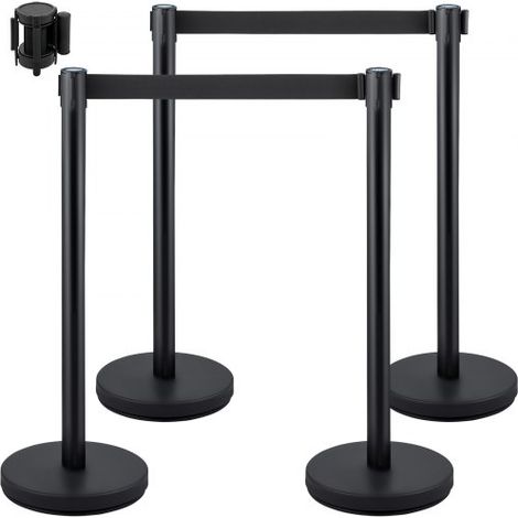 Personenleitsystem 4 Ständer, 90 cm Gesamthöhe VIP Absperrung mit Vierwegadapter, Abgrenzungsständer, Absperrständer mit 2 M Länge Gürtel für Airport Flughafen, Ständer Stahl und Eisen, Schwarz (1/5)