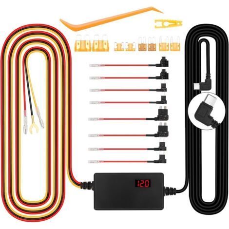 Kit di cablaggio per dash cam da 12V-24V a 5V 3A con indicatore di tensione, tensione regolabile, modalità parcheggio 24 ore, protezione da scarica della batteria, tipo C, avvio (1/4)