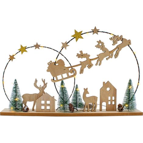 LED Deko Aufsteller aus Holz mit Weihnachts Motiv - 40 x 25 cm - Silhoutten Bild Weihnachtsmann mit Schlitten warm weiß beleuchtet - Weihnachts Tischdeko Fensterdeko Deko Beleuchtung inklusive Batteri