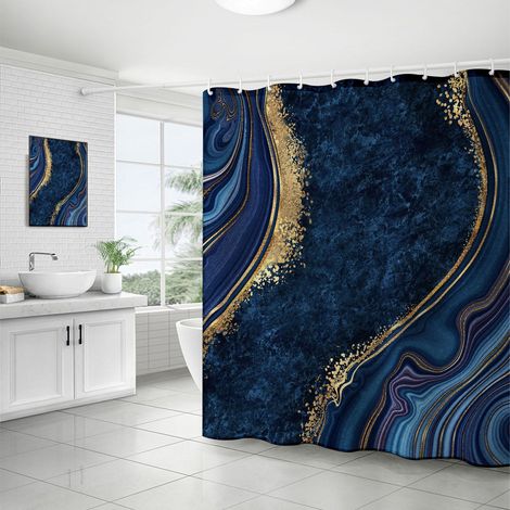 Rideau De Douche - Polyester Imperméable - Motif Marbre Noir Bleu - 72 x 72 Pouces - Avec 12 Crochets (1/5)