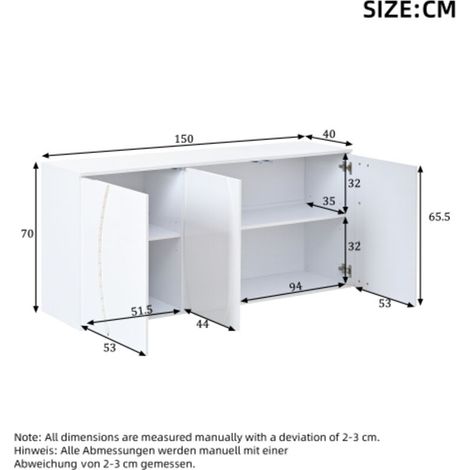 Buffet de salon avec trois portes, meuble de rangement avec portes LED, blanc, en panneaux de particules, 150 x 40 x 70 cm (1/5)