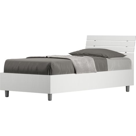 Letto Singolo 80x200 cm con Rete e Contenitore Testata Doghe Inclinata Ankel Bianco Frassino (1/5)