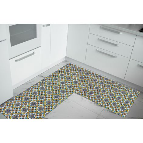 Set di 2 tappeti da cucina antiscivolo e lavabili in lavatrice passatoia multiuso Azulejos - 50x60+50x120