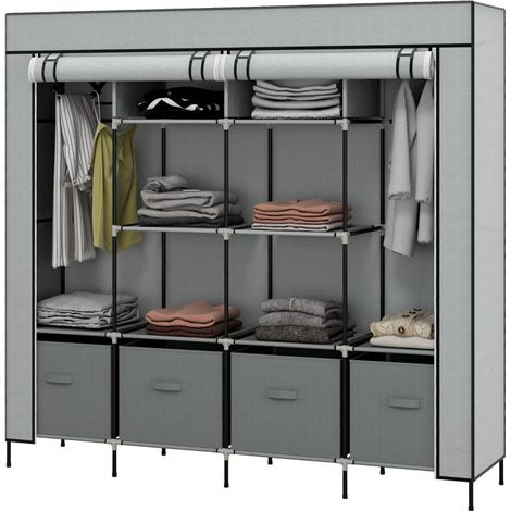 Armoire dressing Aurys rangement vêtements 2 tringles 10 compartiments gris (1/5)