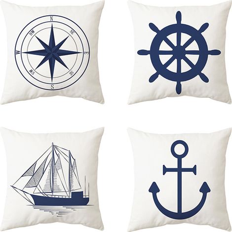 Lot de 4 Housses de Coussin Nautiques 45x45 cm, Motif Ancre Marine, Boussole et Navigation, Style Marin en Blanc et Bleu (1/5)