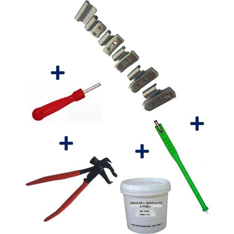 Kit 150 Plombs Masses d’Equilibrage à Frapper Jante Alu 5-30g + Tire Valve + Démonte Obus + Graisse Pneu + Pince