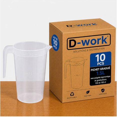 Pichet Gradué 1.5 L avec Poignée Ergonomique, Graduations 100, 150 cl, Réutilisable en PP sans BPA - Translucide - D-Work