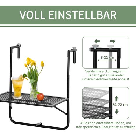 Table pliante suspendue pour balcon, hauteur ajustable sur 4 niveaux, métal anti-intempéries, 60 x 40 cm, noir