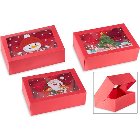 Scatoline natalizie in carta rossa con finestra con stampa Babbo Natale Pupazzo di Neve, set da 12 pezzi, cm 22 x 15 x 7 H
