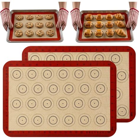 Lot de 2 Tapis de Cuisson Silicone pour Four 42x29.5cm - Tapis Pâtisserie Anti-Adhésif Gradué avec Gabarits Macarons - Feuille Réutilisable Haute Température - Remplace Papier Sulfurisé (1/5)