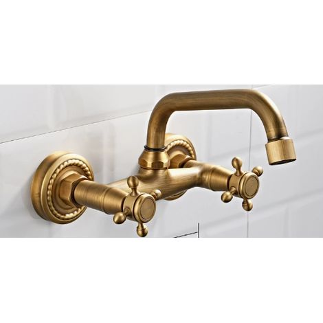 Robinet Cuisine Mural Bronze Antique, Rotatif à 360° Mitigeur D'évier Murale Laiton, Retro Double Poignée Robinets Mélangeur pour Salle de Bain Cuisine, Bec 24cm (1/5)